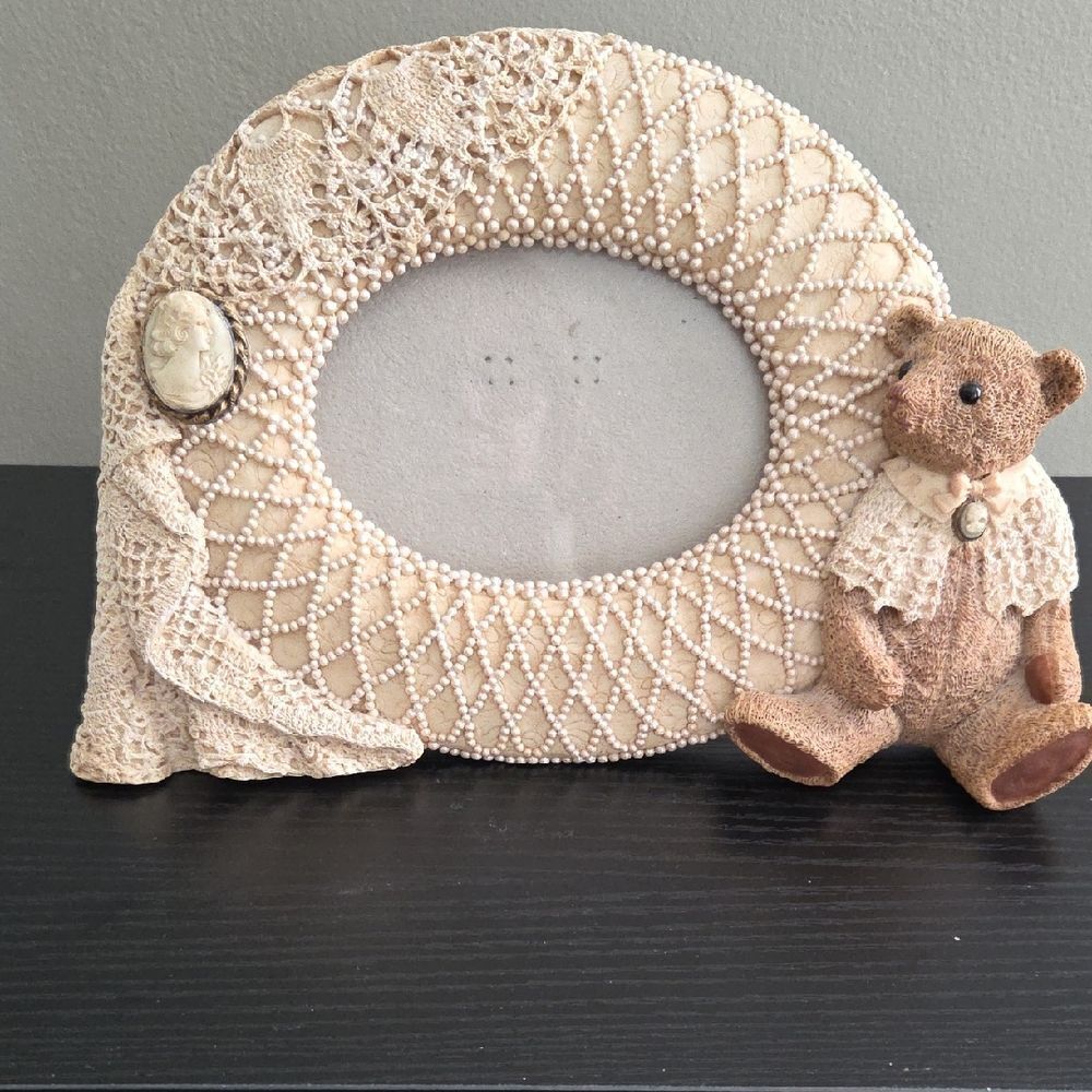 Vintage Style Lace Photo Frame with Teddy Bear